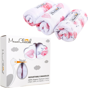 Mama Cheetah Baby Swaddle Blanket, Swaddle Wrap, Adjustable Infant Swaddle Set, 3-Pack Soft Organic Cotton, Pink/Grey