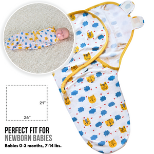 Mama Cheetah Adjustable Swaddle Blanket Wraps, Grey/Blue/Yellow, Small (0-3 Months)